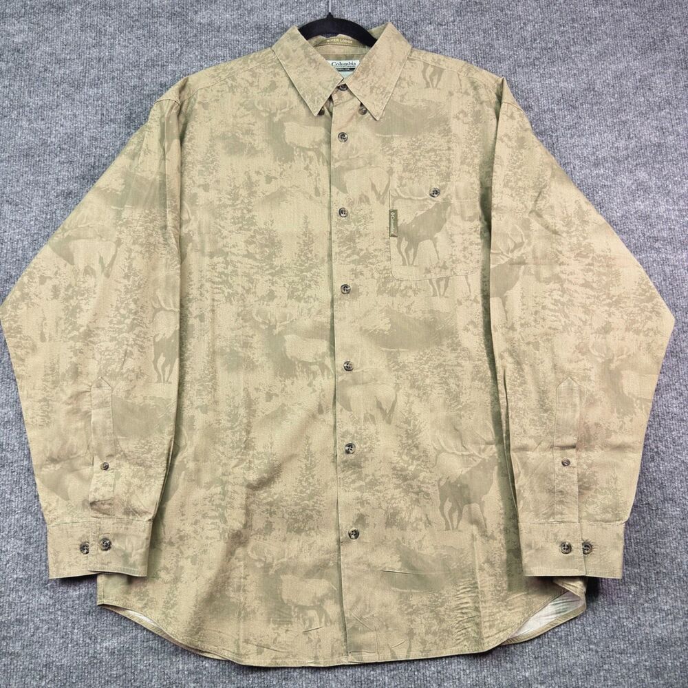 Columbia River Lodge Men’s Medium All Over Woodland Print Button Front Shirt Tan